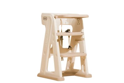 A beige high chair with multiple adjustable levels.