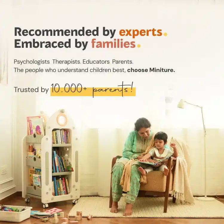 A child-friendly bookshelf with wheels and multiple compartments.