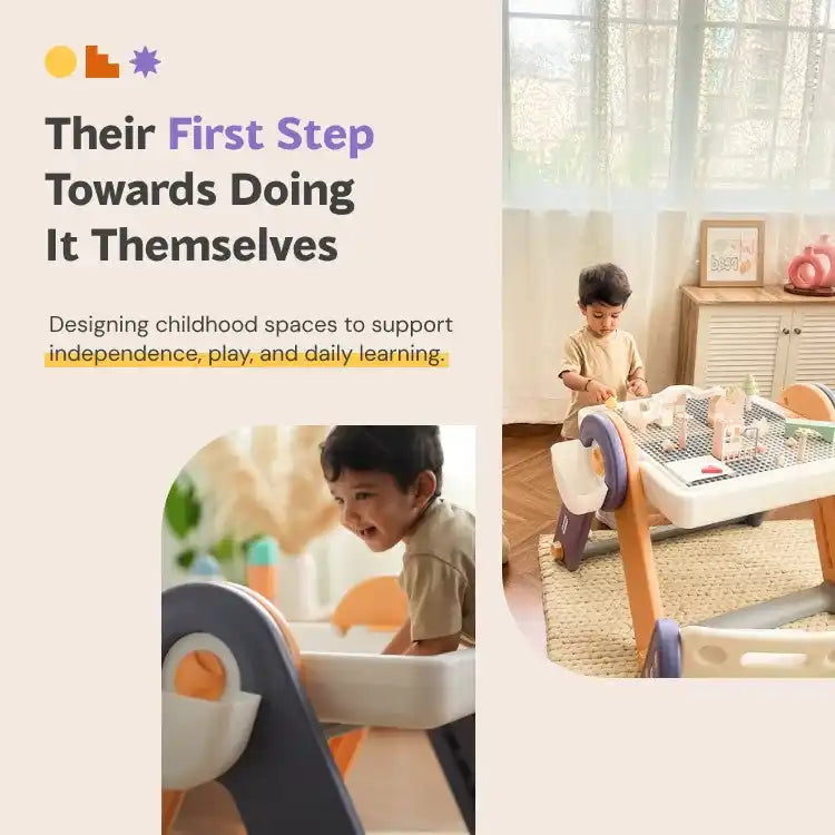 A children’s play table with a building block surface and storage.