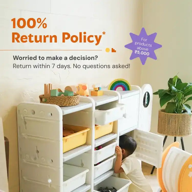 Children’s storage unit with open shelves and pull-out bins.