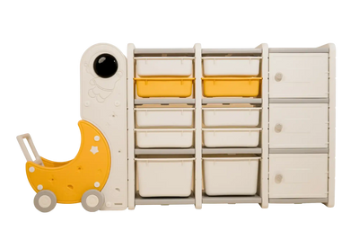 A children’s toy storage unit with multiple bins, shelves, and a moon-shaped pull-along toy.