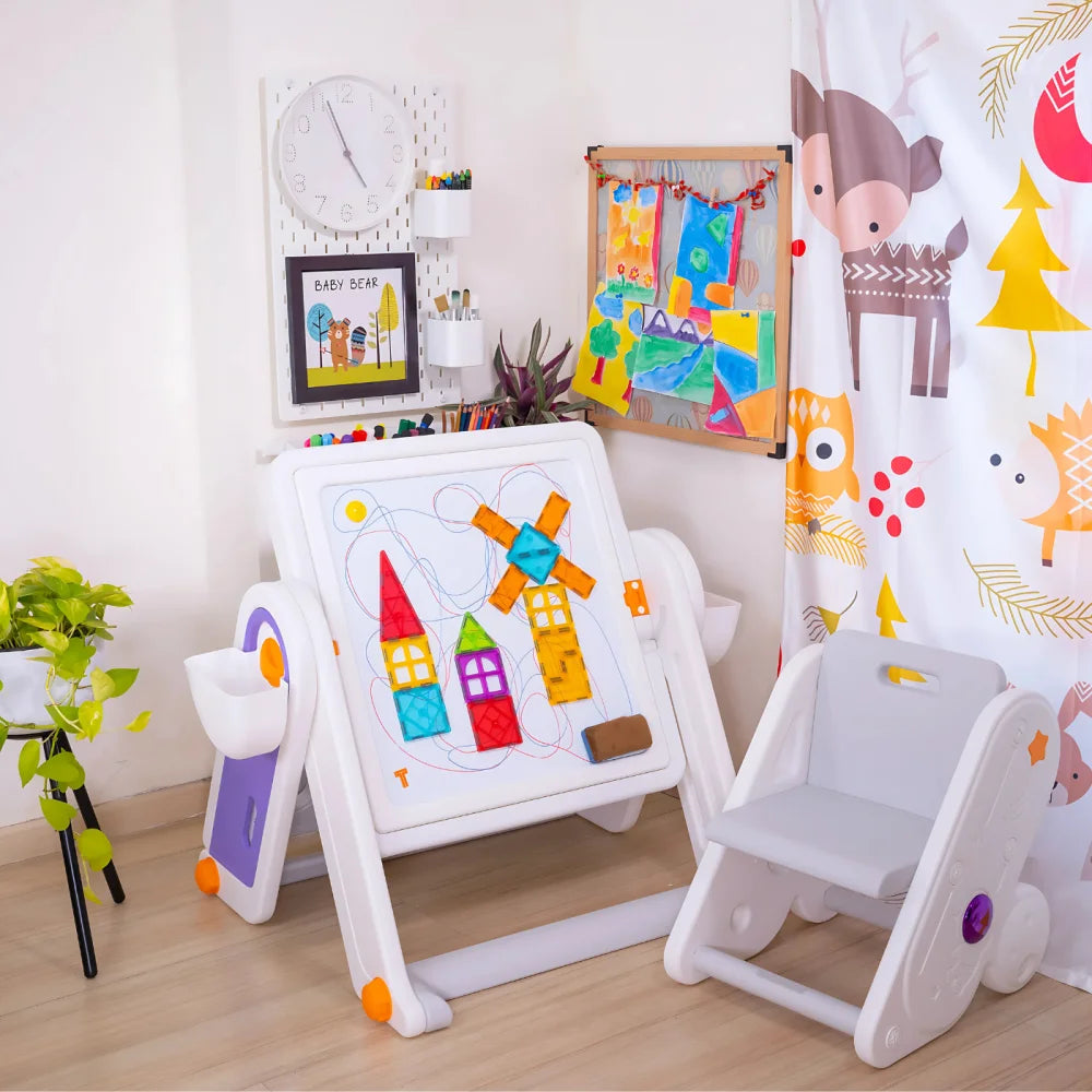 FlexDesk with Bookshelf | 7-in-1 Multi Feature Study Table and Chair For Kids