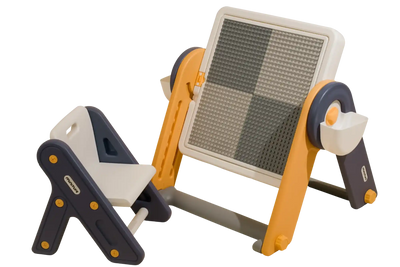 An interactive learning toy with a checkerboard-patterned light-up screen and an adjustable stand.