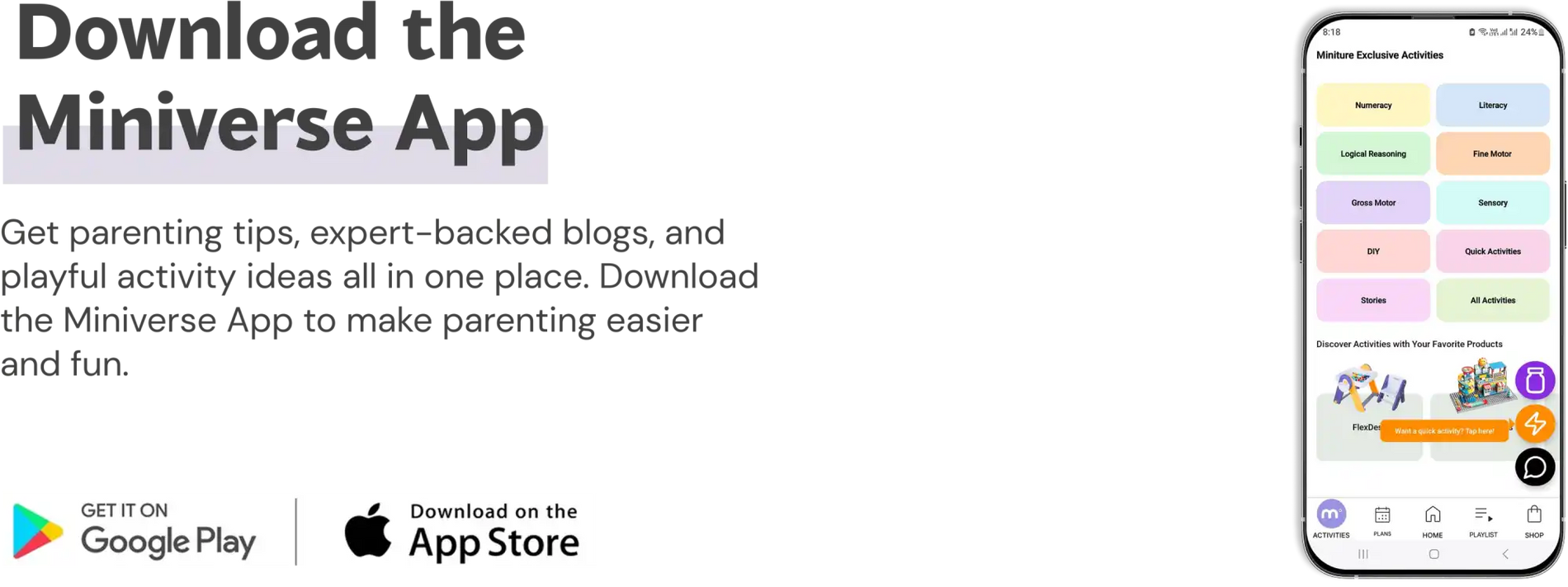 A mobile app with educational activities available on Google Play and the App Store.