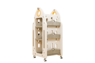 A modular, mobile storage unit with shelves and hanging racks, suitable for organizing various items.