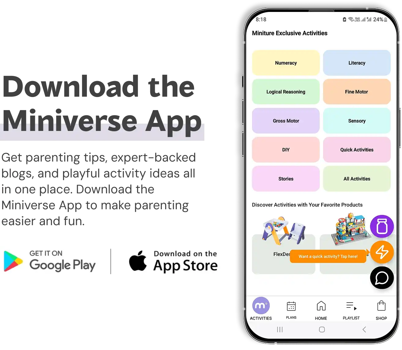 Promotional image for the Miniverse App, available on Google Play and the App Store.