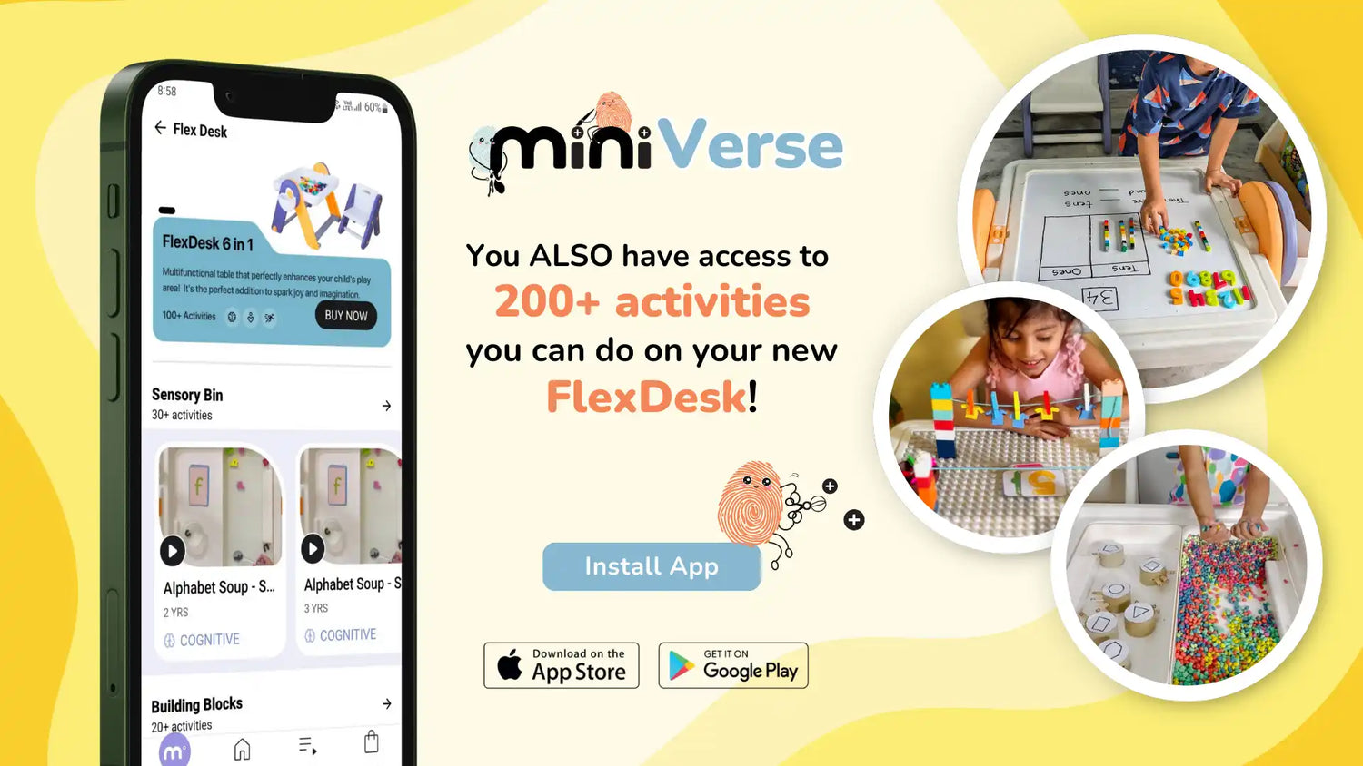 Advertisement for miniVerse app showing a phone interface and circular activity photos alongside app store download buttons.