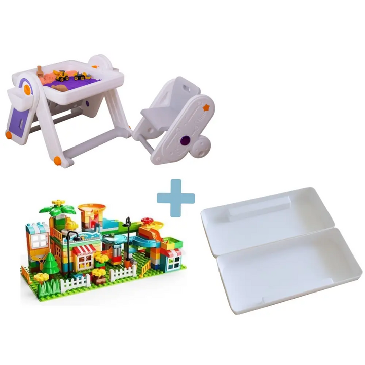 Combo 1: FlexDesk with Bookshelf + Sensory Play Bin + Building Blocks