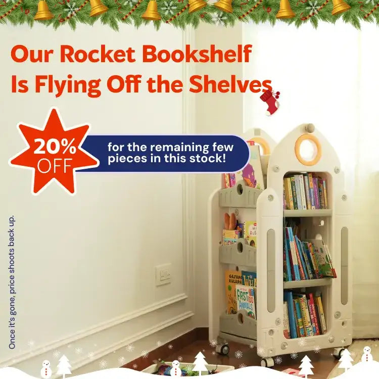 Cream-colored plastic rocket-shaped bookshelf with multiple shelves and wheels.