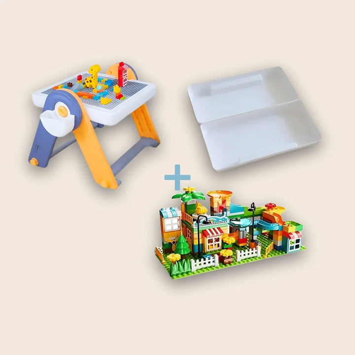 FlexDesk | 6-in-1 Multi Feature Study Table and Chair For Kids - Combo: FlexDesk + Sensory Play Bin + Building Blocks