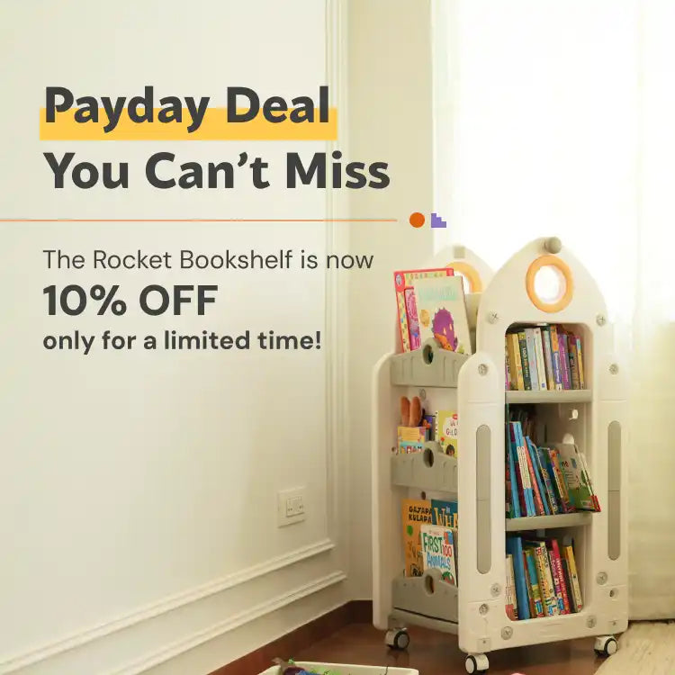A multi-tiered, mobile bookshelf with a playful, rocket-like design, suitable for children’s books and toys.