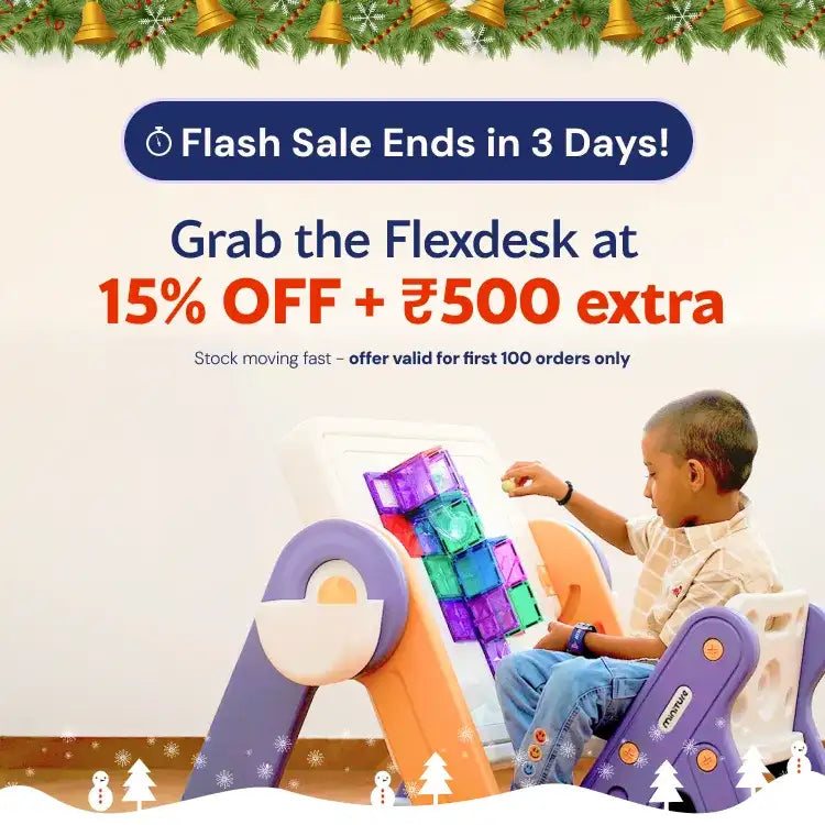 Purple and orange plastic flexdesk with magnetic building blocks.