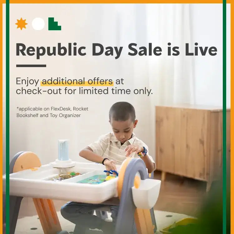 White plastic children’s activity table with orange and gray accents